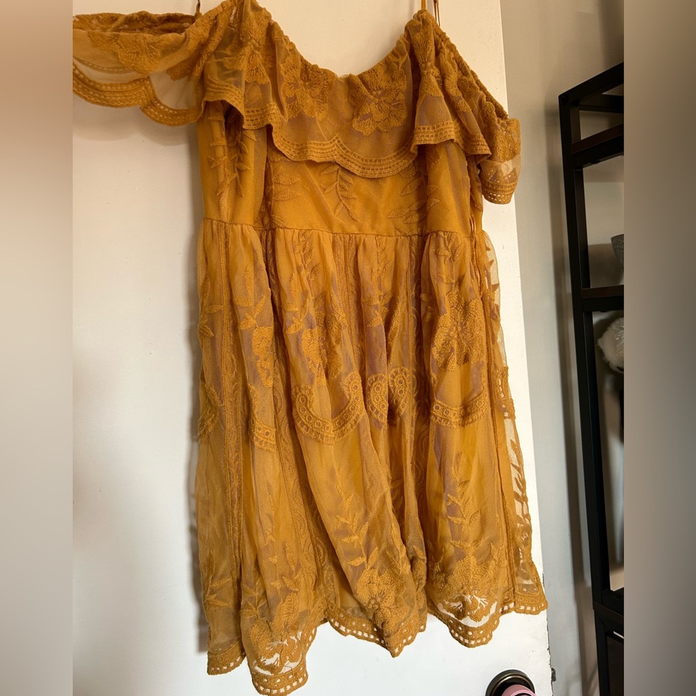 Honey Punch yellow lace off-the-shoulder dress